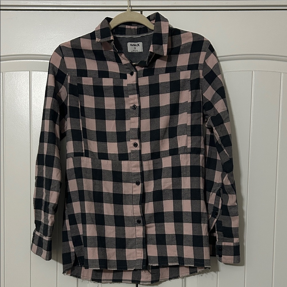 Hurley Pink and Black Plaid Button Down Shirt